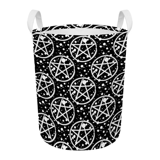 Black And White Wicca Pentagram Print Round Laundry Basket