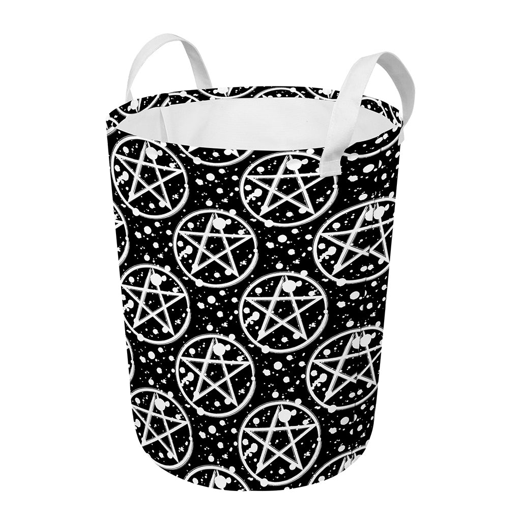 Black And White Wicca Pentagram Print Round Laundry Basket