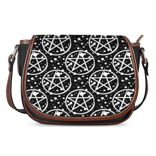 Black And White Wicca Pentagram Print Saddle Bag
