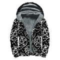 Black And White Wicca Pentagram Print Sherpa Lined Zip Up Hoodie