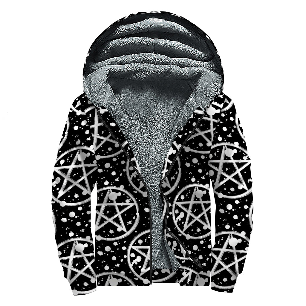Black And White Wicca Pentagram Print Sherpa Lined Zip Up Hoodie