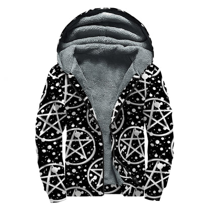 Black And White Wicca Pentagram Print Sherpa Lined Zip Up Hoodie