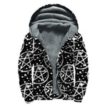 Black And White Wicca Pentagram Print Sherpa Lined Zip Up Hoodie