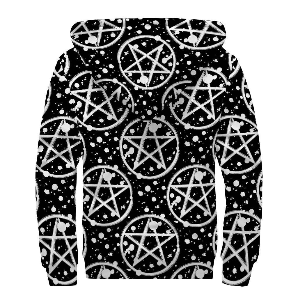 Black And White Wicca Pentagram Print Sherpa Lined Zip Up Hoodie