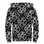 Black And White Wicca Pentagram Print Sherpa Lined Zip Up Hoodie