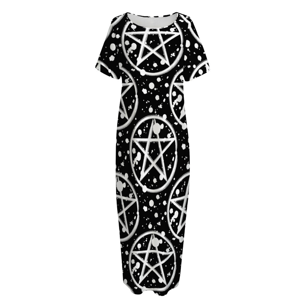 Black And White Wicca Pentagram Print Short Sleeve Long Nightdress