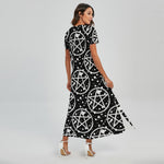 Black And White Wicca Pentagram Print Short Sleeve Maxi Dress