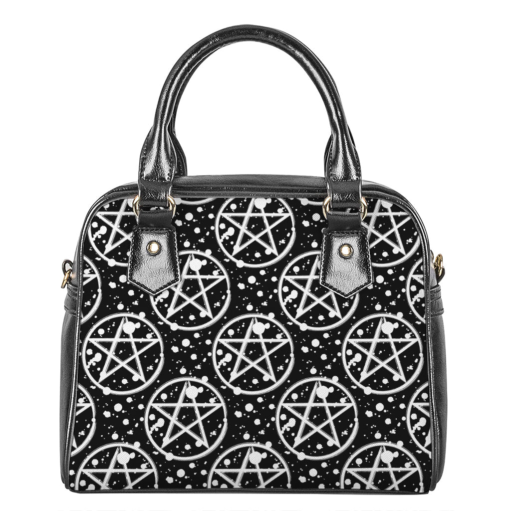 Black And White Wicca Pentagram Print Shoulder Handbag