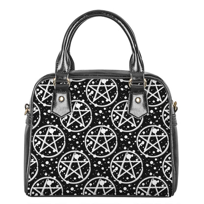 Black And White Wicca Pentagram Print Shoulder Handbag
