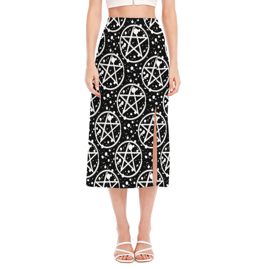 Black And White Wicca Pentagram Print Side Slit Midi Skirt