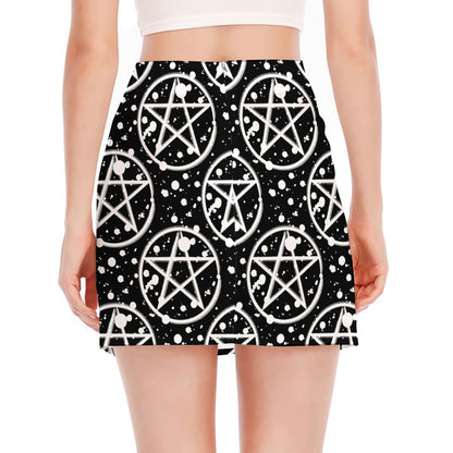 Black And White Wicca Pentagram Print Side Slit Mini Skirt