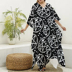 Black And White Wicca Pentagram Print Silk V-Neck Kaftan Dress