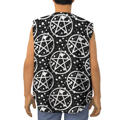 Black And White Wicca Pentagram Print Sleeveless Baseball Jersey