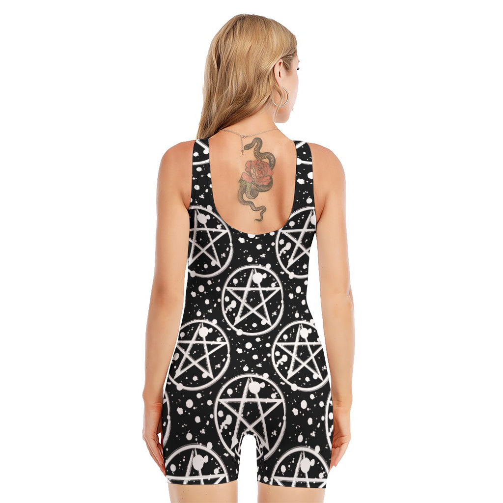 Black And White Wicca Pentagram Print Sleeveless One Piece Swimsuit