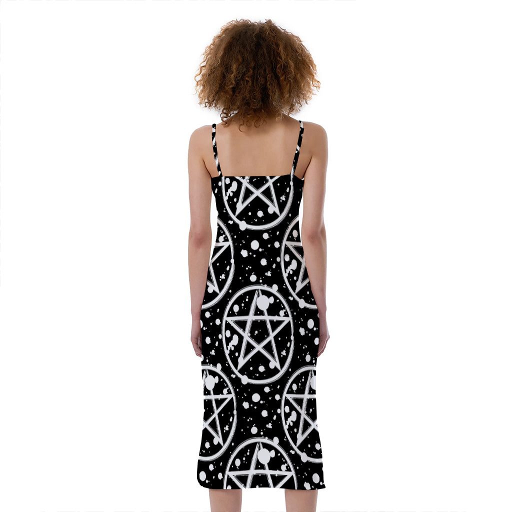 Black And White Wicca Pentagram Print Slim Fit Midi Cami Dress