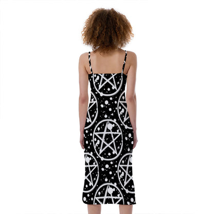 Black And White Wicca Pentagram Print Slim Fit Midi Cami Dress