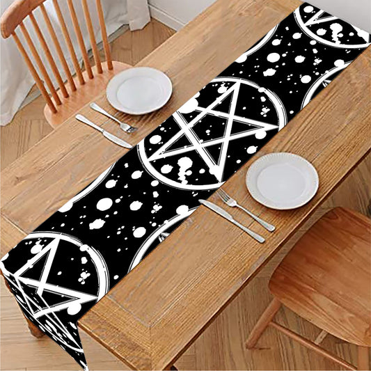 Black And White Wicca Pentagram Print Table Runner