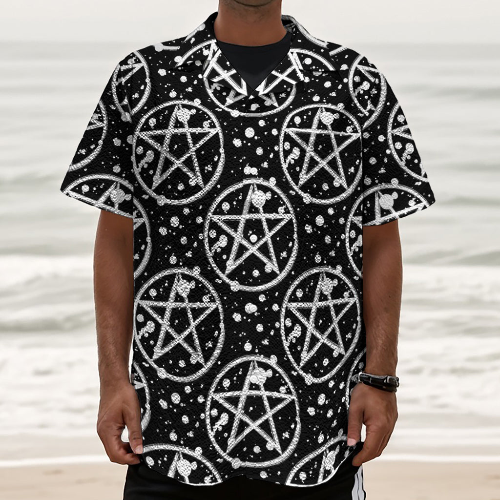 Black And White Wicca Pentagram Print Textured Short Sleeve Shirt