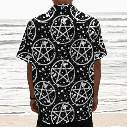 Black And White Wicca Pentagram Print Textured Short Sleeve Shirt