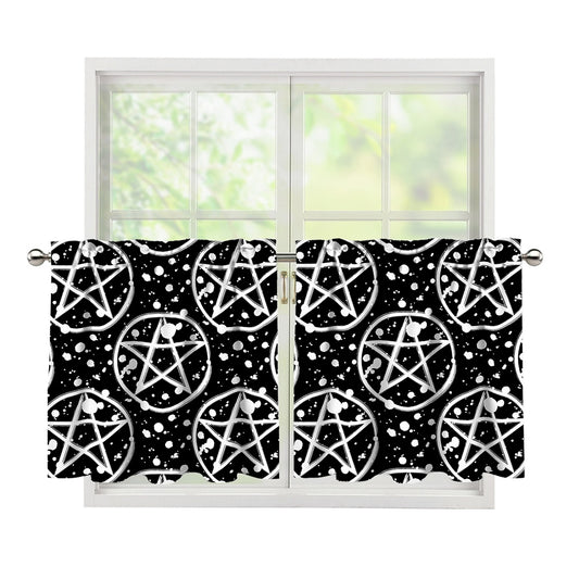 Black And White Wicca Pentagram Print Tier Curtains