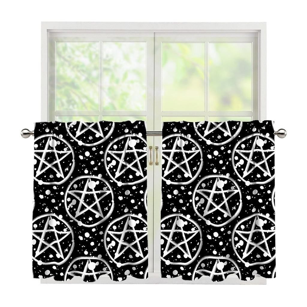Black And White Wicca Pentagram Print Tier Curtains
