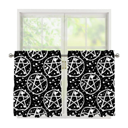 Black And White Wicca Pentagram Print Tier Curtains