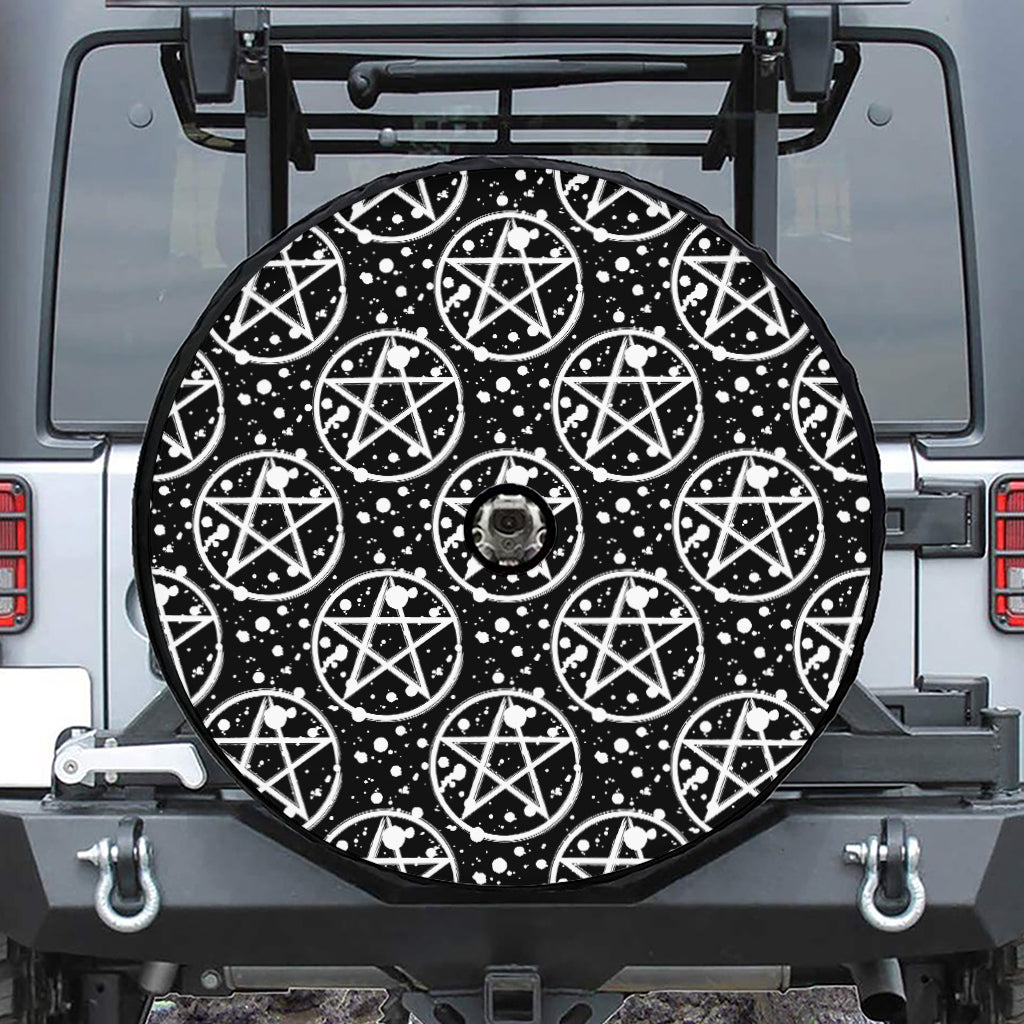 Black And White Wicca Pentagram Print Tire Cover With Camera Hole