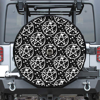Black And White Wicca Pentagram Print Tire Cover With Camera Hole