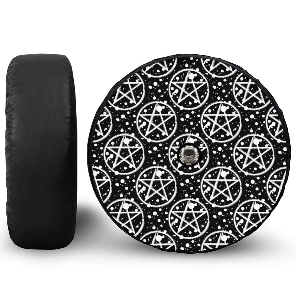Black And White Wicca Pentagram Print Tire Cover With Camera Hole