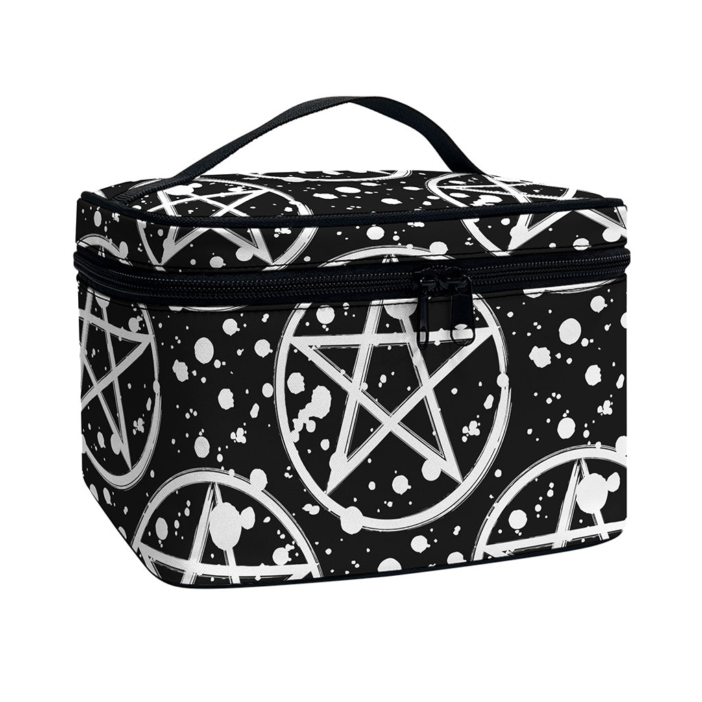 Black And White Wicca Pentagram Print Travel Makeup Bag
