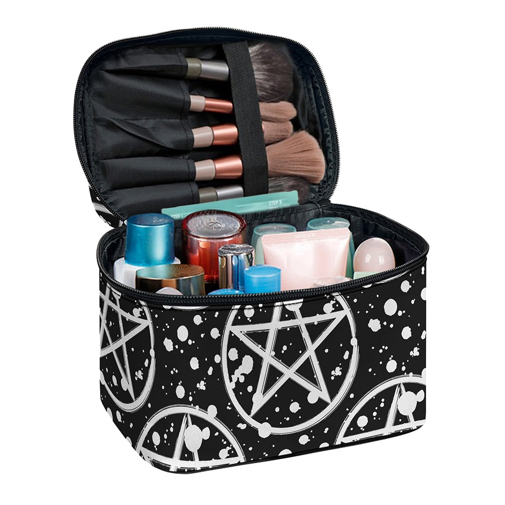 Black And White Wicca Pentagram Print Travel Makeup Bag