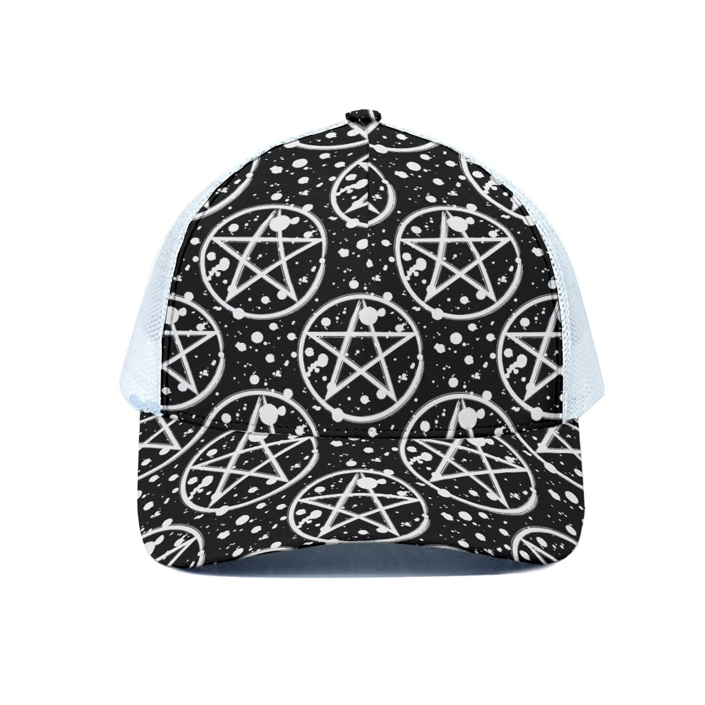 Black And White Wicca Pentagram Print White Mesh Trucker Cap