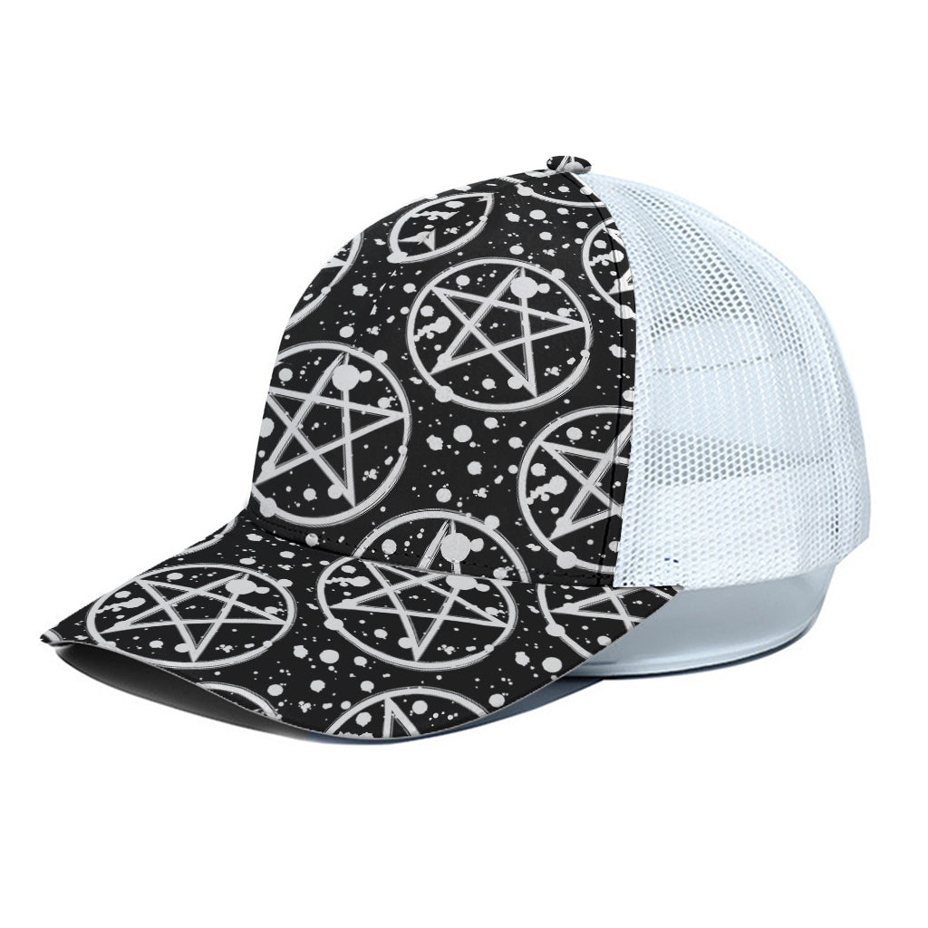 Black And White Wicca Pentagram Print White Mesh Trucker Cap