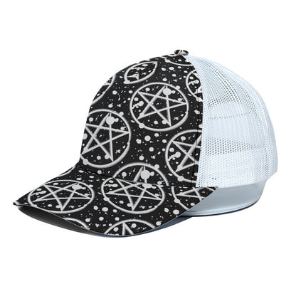 Black And White Wicca Pentagram Print White Mesh Trucker Cap