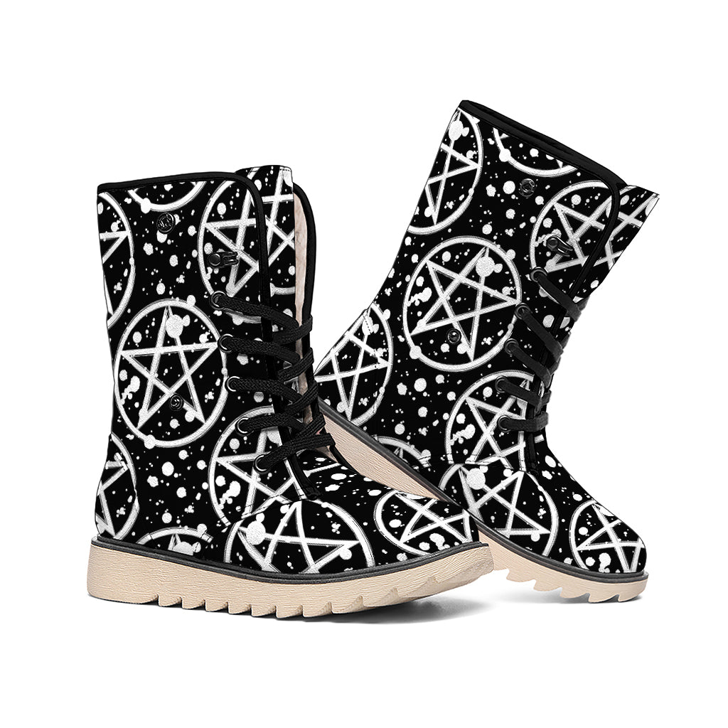Black And White Wicca Pentagram Print Winter Boots