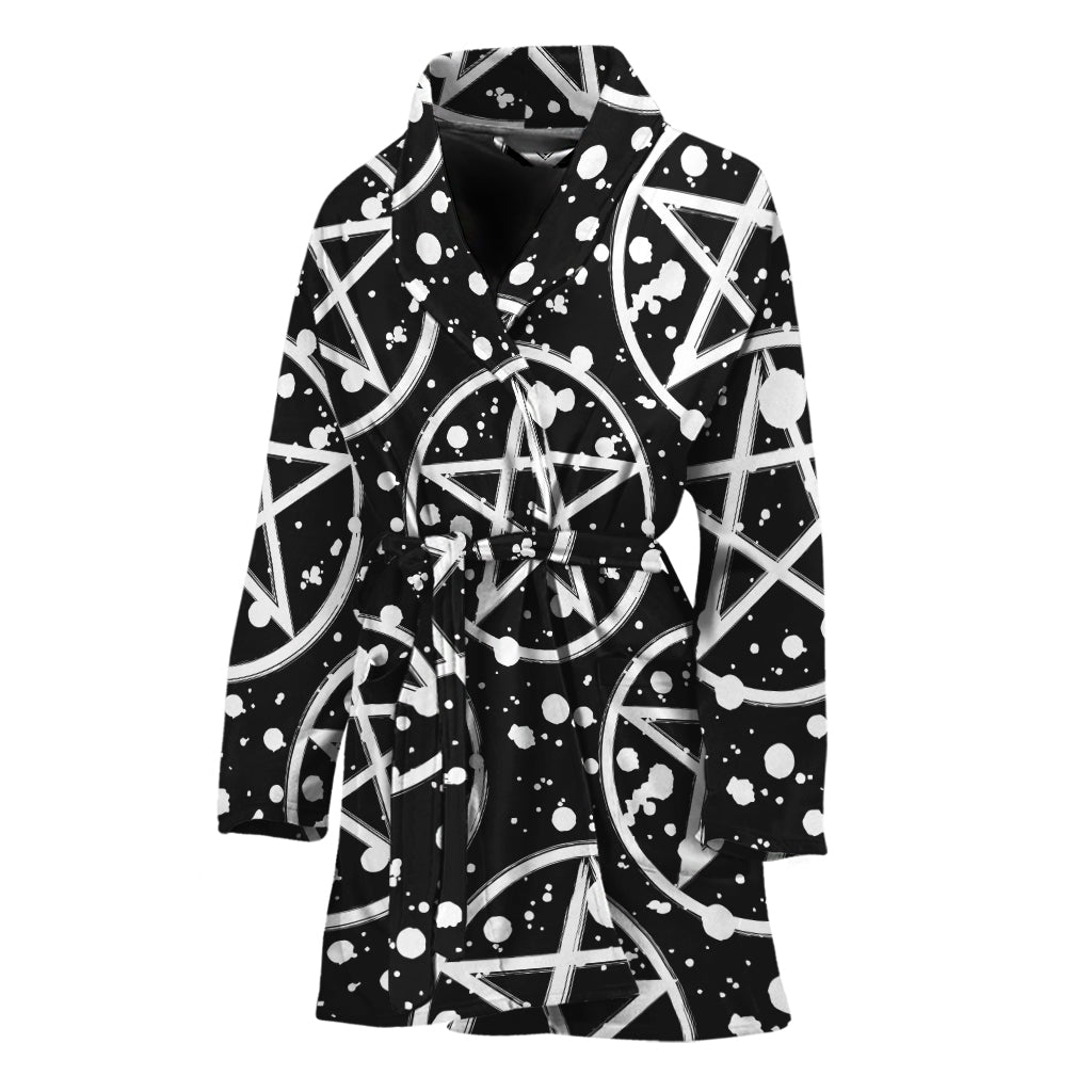 Black And White Wicca Pentagram Print Women's Bathrobe