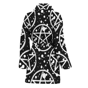 Black And White Wicca Pentagram Print Women's Bathrobe