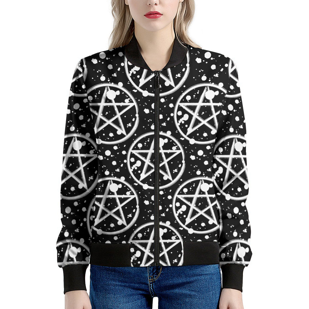 Black And White Wicca Pentagram Print Women's Bomber Jacket