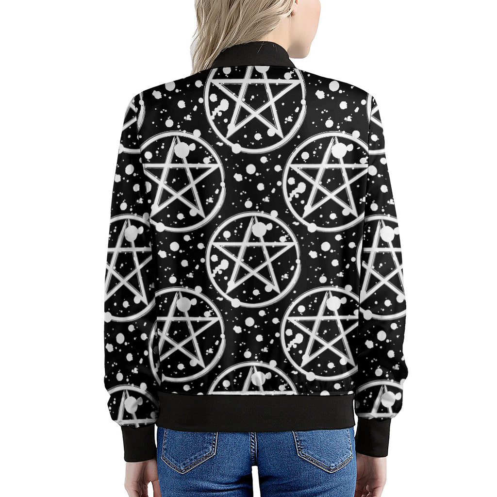 Black And White Wicca Pentagram Print Women's Bomber Jacket