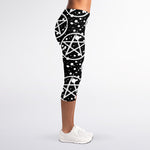 Black And White Wicca Pentagram Print Women's Capri Leggings