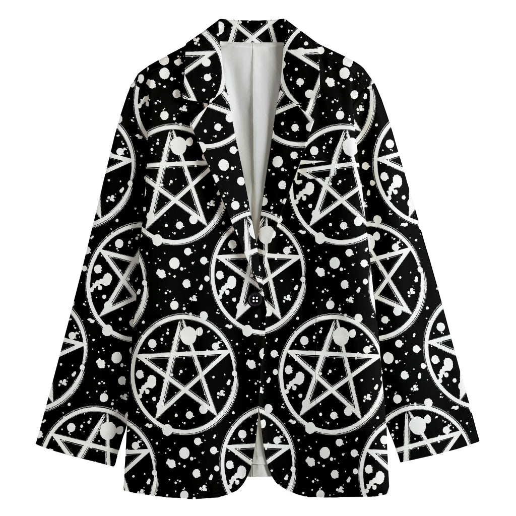 Black And White Wicca Pentagram Print Women's Cotton Blazer