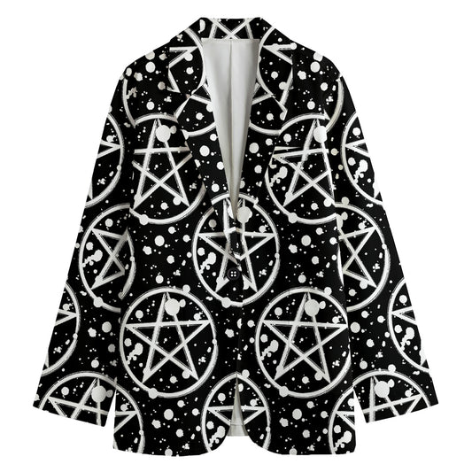 Black And White Wicca Pentagram Print Women's Cotton Blazer