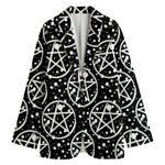 Black And White Wicca Pentagram Print Women's Cotton Blazer
