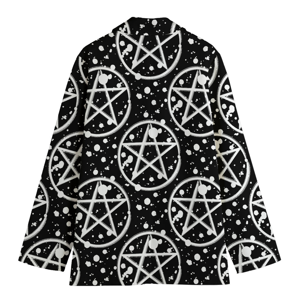 Black And White Wicca Pentagram Print Women's Cotton Blazer