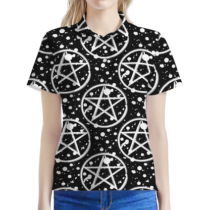 Black And White Wicca Pentagram Print Women's Polo Shirt