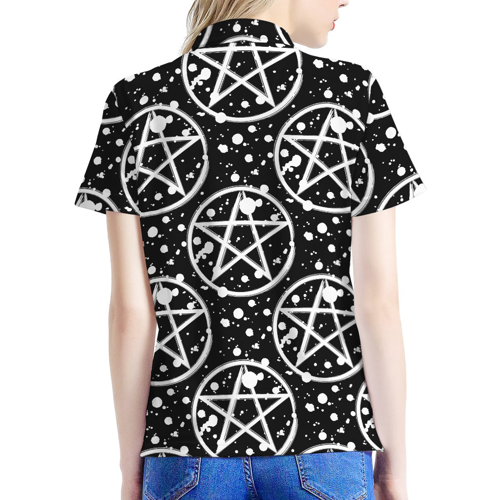 Black And White Wicca Pentagram Print Women's Polo Shirt