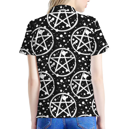Black And White Wicca Pentagram Print Women's Polo Shirt