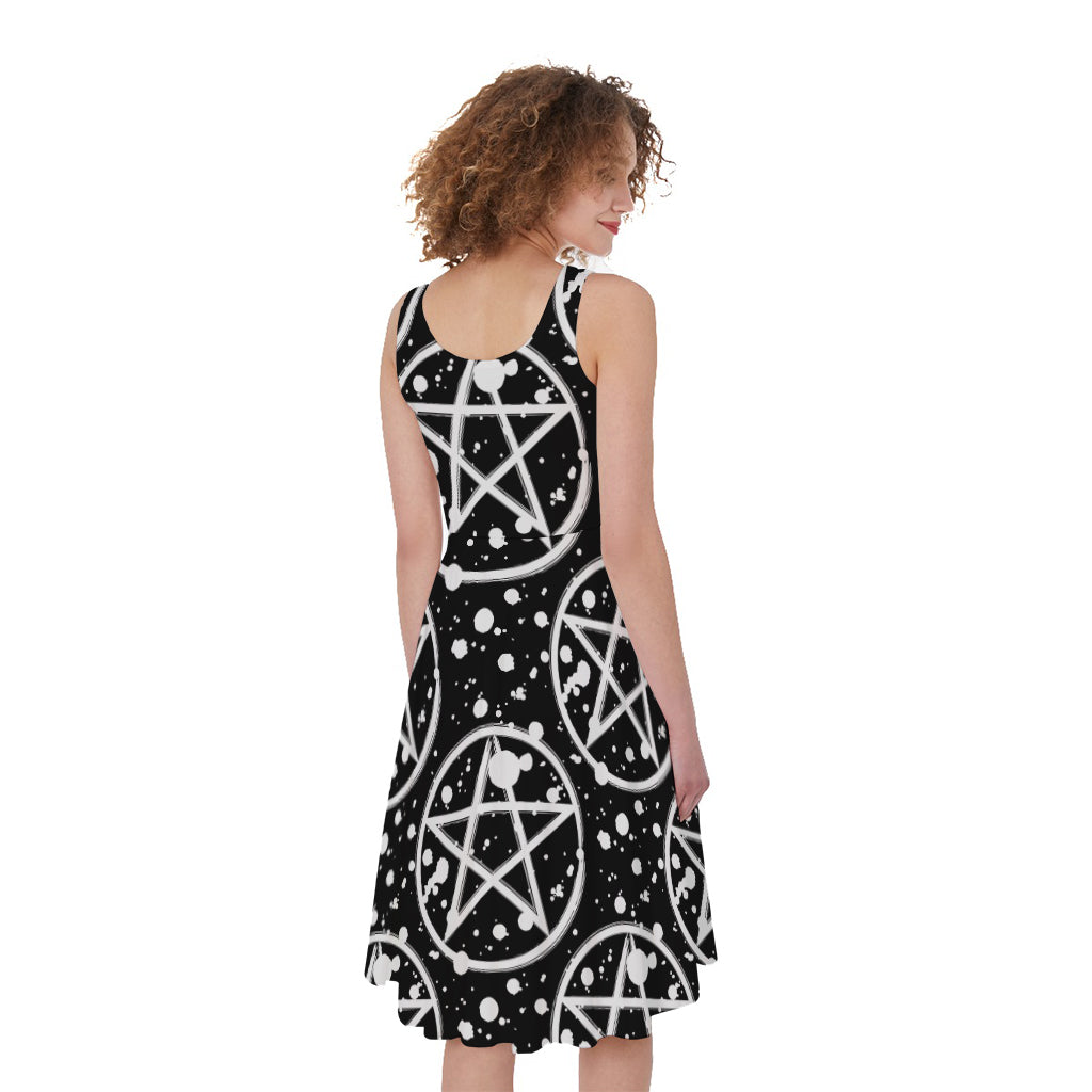 Black And White Wicca Pentagram Print Women's Sleeveless Dress