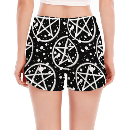 Black And White Wicca Pentagram Print Women's Split Running Shorts