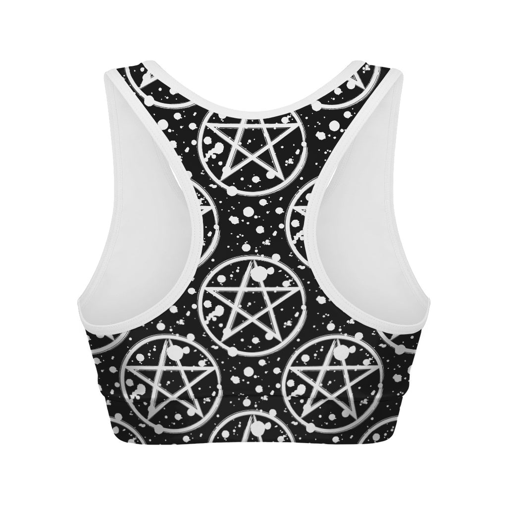 Black And White Wicca Pentagram Print Women's Sports Bra
